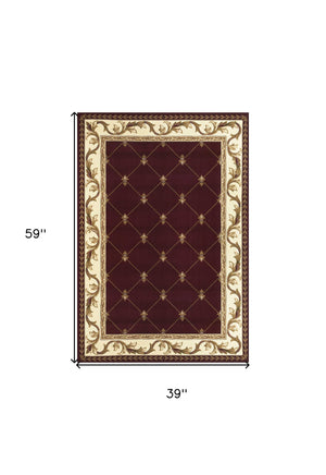 Homeroots 3' X 5' Red Machine Woven Hand Carved Fleur De Lis Indoor Area Rug  Polypropylene 353686