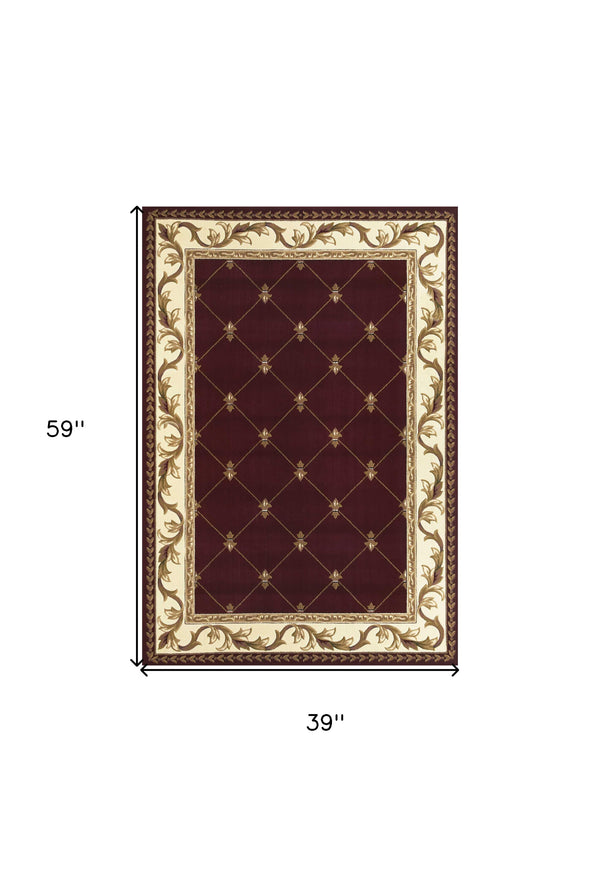 Homeroots 3' X 5' Red Machine Woven Hand Carved Fleur De Lis Indoor Area Rug  Polypropylene 353686