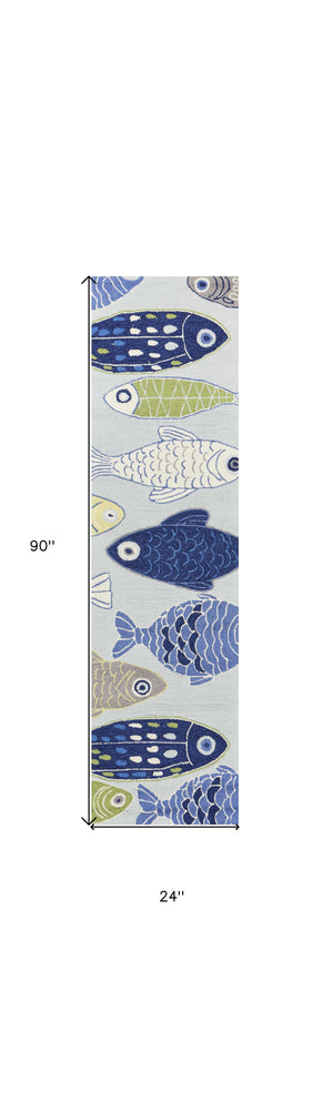 Homeroots 8' Blue And Green Fish Hand Tufted Runner Rug  Polyester 353707