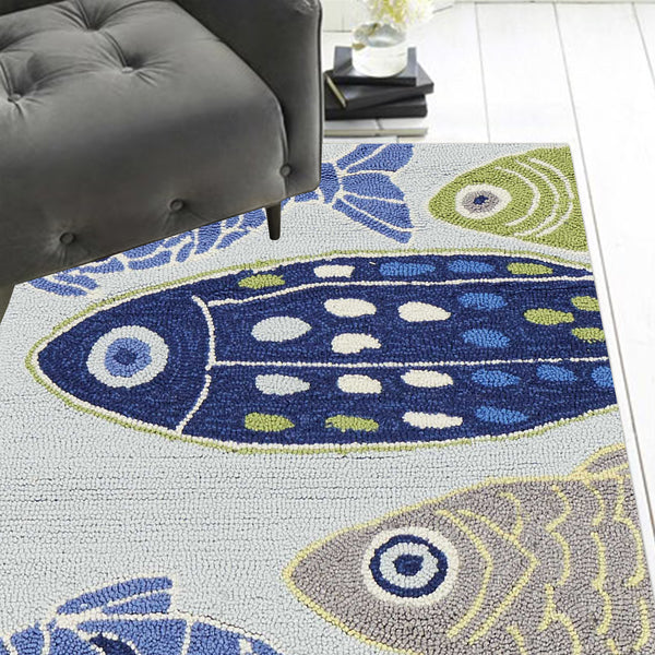 Homeroots 8' Blue And Green Fish Hand Tufted Runner Rug  Polyester 353707