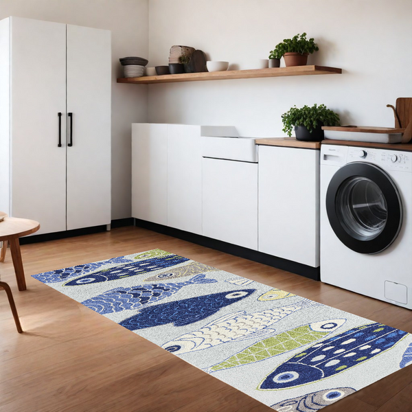 Homeroots 8' Blue And Green Fish Hand Tufted Runner Rug  Polyester 353707