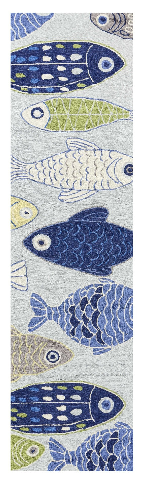 HomeRoots 5' Hand-Hooked Area Rug with Blue, Ivory, and Green Fish Motif – Durable, Stain Resistant, Artful Charm 8' Runner 353707