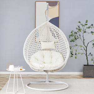 English Elm 76.8-inch Hand Woven Rattan Egg Swing Chair Indoor Outdoor with Cushion Lumbar Pillow White W1512P498593