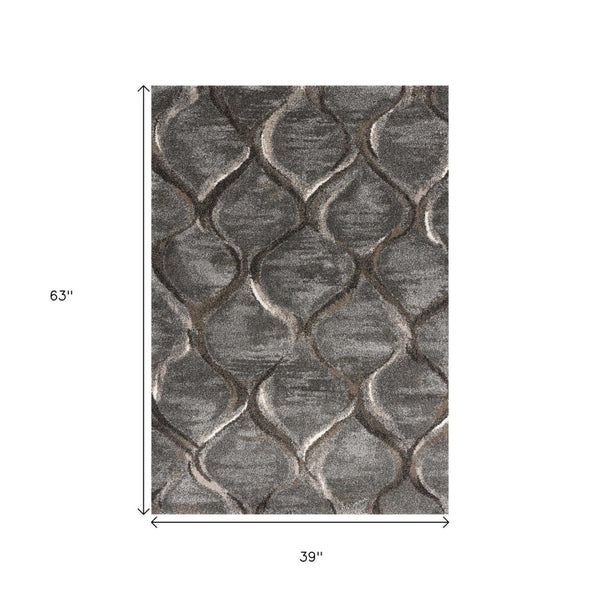 HomeRoots 5' Charcoal and Light Gray Ogee Area Rug - Modern Durable Design for High-Traffic Spaces and Style 3' X 5' 353764