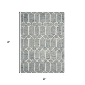 HomeRoots 8' Geometric Hand-Tufted Wool Area Rug in Slate Blue and Ivory - Soft, Stylish, and Durable Design 3' X 5' 353800