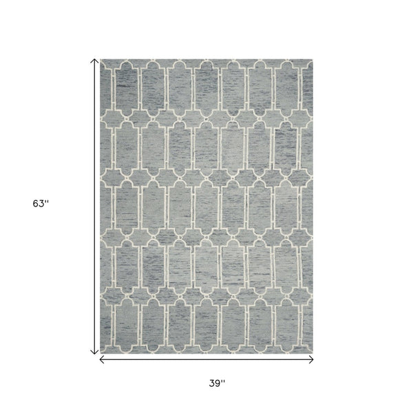 HomeRoots 8' Geometric Hand-Tufted Wool Area Rug in Slate Blue and Ivory - Soft, Stylish, and Durable Design 3' X 5' 353800