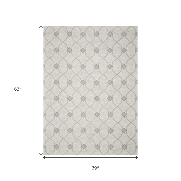HomeRoots 8' Elegant Hand-Tufted Wool Area Rug in Ivory and Gray Ogee Pattern for Cozy Modern Spaces 3' X 5' 353802
