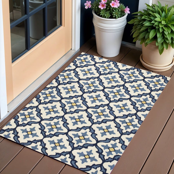 HomeRoots 5' Elegant Ivory and Blue Moroccan Area Rug for Indoor and Outdoor Spaces, Durable and Chic Design 3' X 5' Rectangle 353834