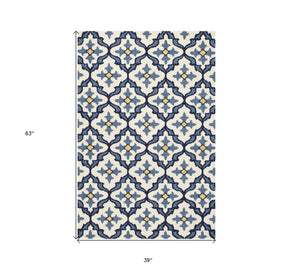 HomeRoots 5' Elegant Ivory and Blue Moroccan Area Rug for Indoor and Outdoor Spaces, Durable and Chic Design 3' X 5' Rectangle 353834