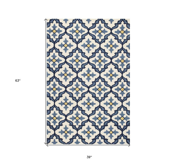HomeRoots 5' Elegant Ivory and Blue Moroccan Area Rug for Indoor and Outdoor Spaces, Durable and Chic Design 3' X 5' Rectangle 353834