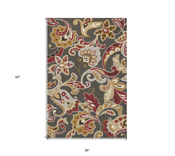 HomeRoots 3'' Floral Hand-Tufted Area Rug in Taupe, Red, and Gray - Durable, Stylish, Perfect for Cozy Spaces 3' X 5' 353835