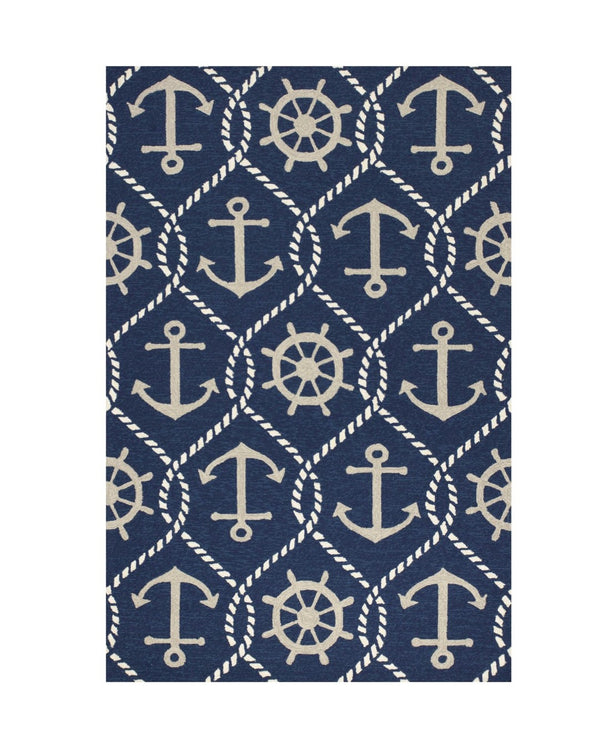HomeRoots 7' Navy Blue Nautical Handmade Area Rug - Durable Indoor Outdoor Charm for Coastal Spaces & Patios 3' x 5' 353839