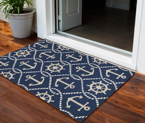 HomeRoots 7' Navy Blue Nautical Handmade Area Rug - Durable Indoor Outdoor Charm for Coastal Spaces & Patios 3' x 5' 353839