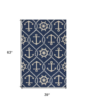 HomeRoots 7' Navy Blue Nautical Handmade Area Rug - Durable Indoor Outdoor Charm for Coastal Spaces & Patios 3' x 5' 353839