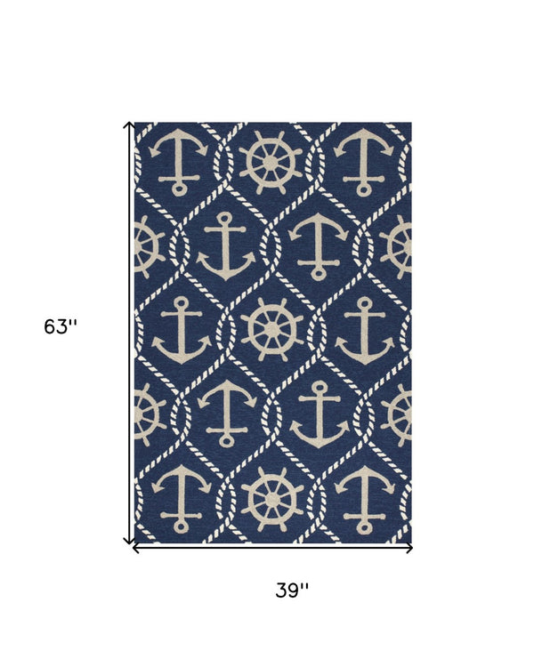 HomeRoots 7' Navy Blue Nautical Handmade Area Rug - Durable Indoor Outdoor Charm for Coastal Spaces & Patios 3' x 5' 353839