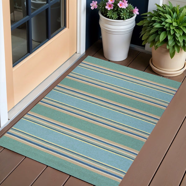 HomeRoots 8' Handmade Blue Striped Area Rug - Coastal-Inspired Design for Indoor & Outdoor Spaces, Durable Style 3' X 5' Rectangle 353842