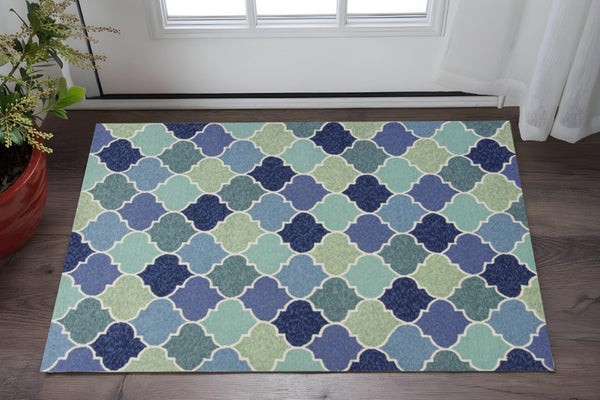 HomeRoots 7' Hand-Tufted Area Rug with Moroccan Quatrefoil Design in Blue, Purple, and Aqua for Timeless Elegance 3' X 5' 353843
