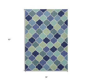 HomeRoots 7' Hand-Tufted Area Rug with Moroccan Quatrefoil Design in Blue, Purple, and Aqua for Timeless Elegance 3' X 5' 353843