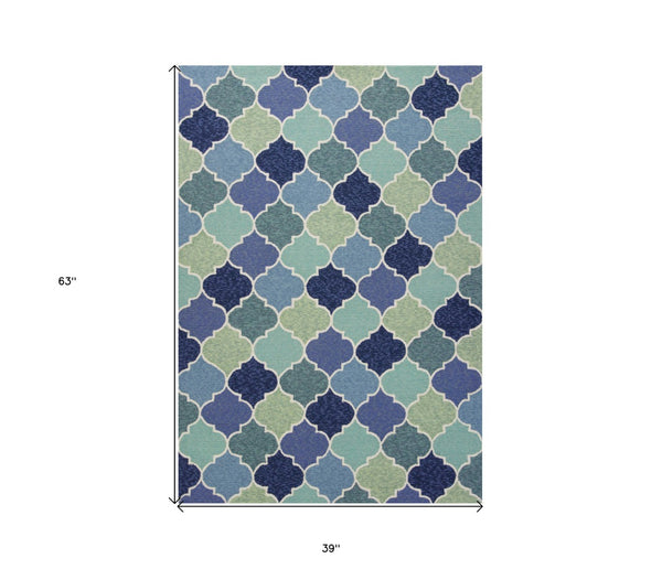 HomeRoots 7' Hand-Tufted Area Rug with Moroccan Quatrefoil Design in Blue, Purple, and Aqua for Timeless Elegance 3' X 5' 353843
