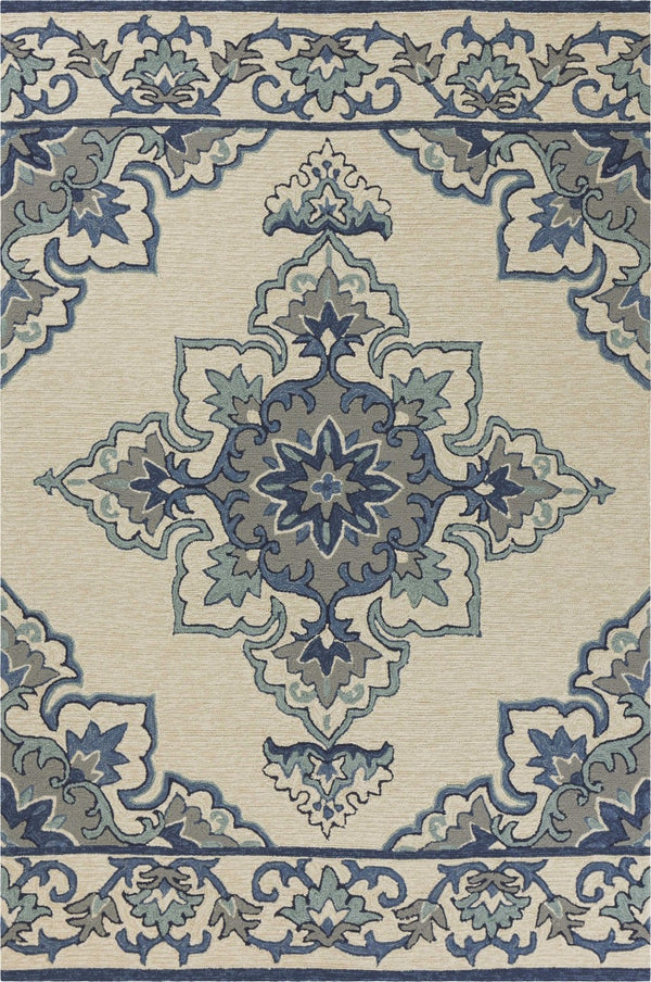 HomeRoots 8' Timeless Ivory and Blue Damask Area Rug for Indoor and Outdoor Elegance and Easy Maintenance 3' x 5' 353844