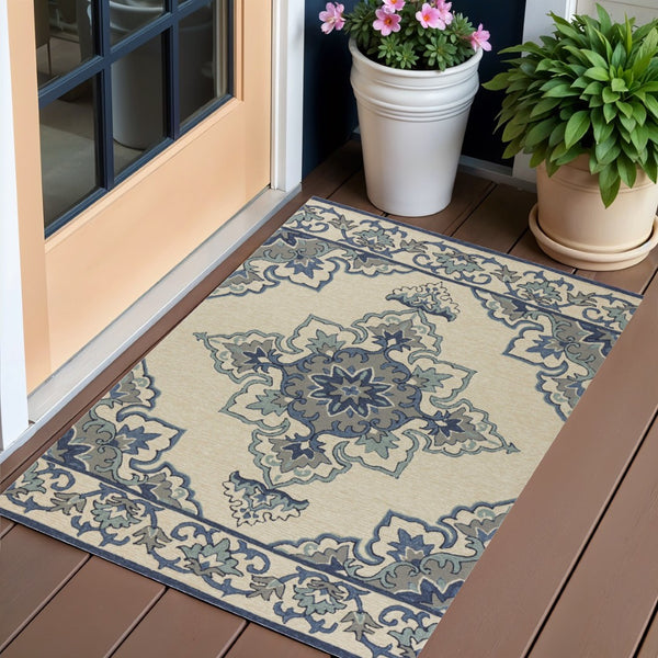 HomeRoots 8' Timeless Ivory and Blue Damask Area Rug for Indoor and Outdoor Elegance and Easy Maintenance 3' x 5' 353844