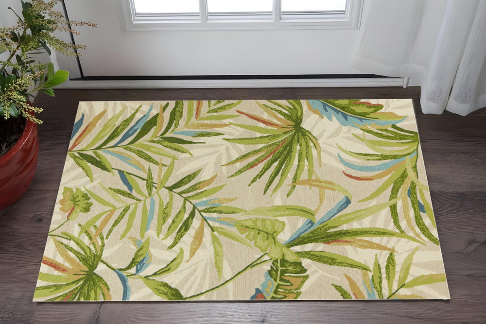HomeRoots 3' Hand-Tufted Botanical Area Rug in Sand Green & Blue Leaves - Durable, Stylish Home Accent Piece 3' X 5' 353846