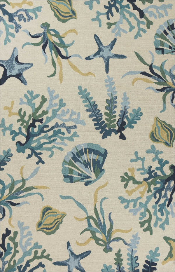 HomeRoots 3' Hand-Tufted Area Rug with Ivory and Blue Seashell Design – Coastal Charm for Any Room 3' X 5' 353848