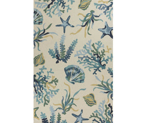 HomeRoots 3' Hand-Tufted Area Rug with Ivory and Blue Seashell Design – Coastal Charm for Any Room 3' X 5' 353848