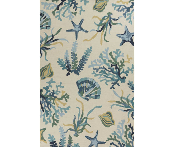 HomeRoots 3' Hand-Tufted Area Rug with Ivory and Blue Seashell Design – Coastal Charm for Any Room 3' X 5' 353848