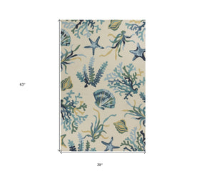 HomeRoots 3' Hand-Tufted Area Rug with Ivory and Blue Seashell Design – Coastal Charm for Any Room 3' X 5' 353848