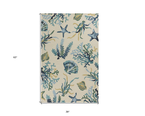 HomeRoots 3' Hand-Tufted Area Rug with Ivory and Blue Seashell Design – Coastal Charm for Any Room 3' X 5' 353848