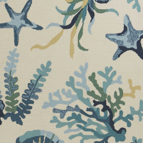 HomeRoots 3' Hand-Tufted Area Rug with Ivory and Blue Seashell Design – Coastal Charm for Any Room 3' X 5' 353848