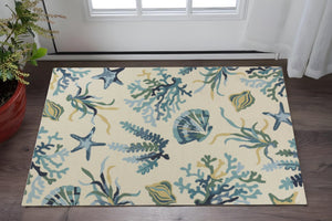 HomeRoots 3' Hand-Tufted Area Rug with Ivory and Blue Seashell Design – Coastal Charm for Any Room 3' X 5' 353848