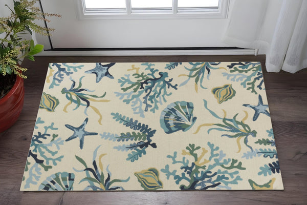 HomeRoots 3' Hand-Tufted Area Rug with Ivory and Blue Seashell Design – Coastal Charm for Any Room 3' X 5' 353848