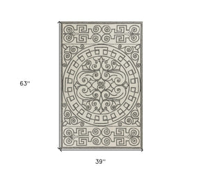 HomeRoots 5' Elegant Gray and Ivory Damask Area Rug for Indoor and Outdoor Spaces - Stylish and Durable Design 3' x 5' 353849