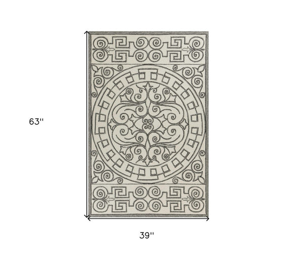 HomeRoots 5' Elegant Gray and Ivory Damask Area Rug for Indoor and Outdoor Spaces - Stylish and Durable Design 3' x 5' 353849