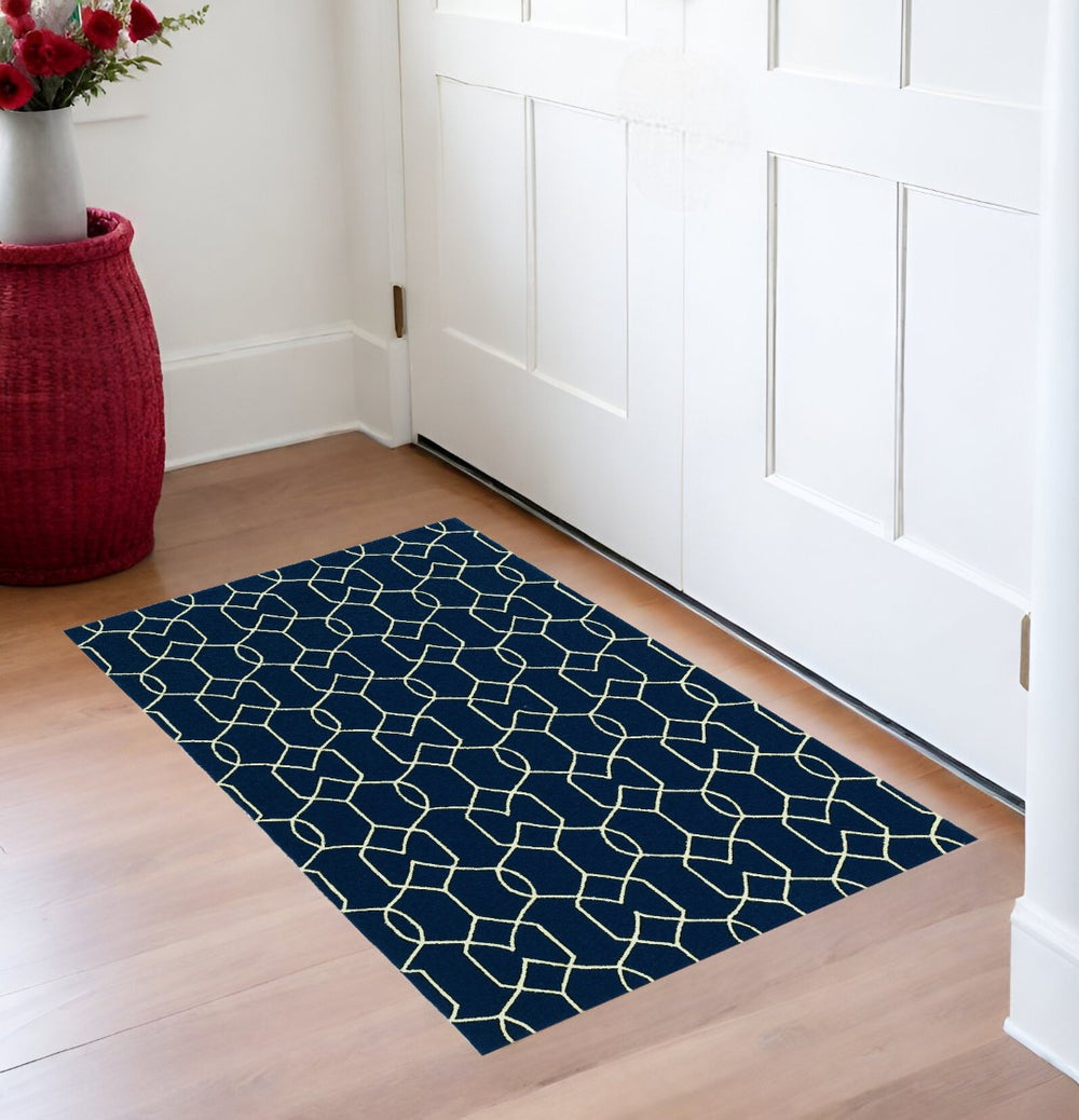 HomeRoots 5' Hand-Hooked Navy Blue and Ivory Geometric Area Rug for Modern Style and Cozy Comfort 3' x 5' 353856