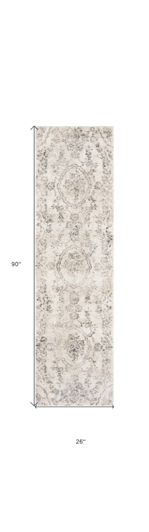 HomeRoots 8' Gray and Tan Floral Distressed Area Rug - Timeless Vintage Style for High-Traffic Family Spaces 7' Runner 353864