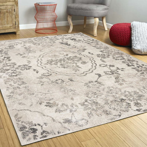 HomeRoots 8' Gray and Tan Floral Distressed Area Rug - Timeless Vintage Style for High-Traffic Family Spaces 3' X 5' 353865