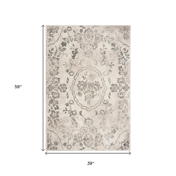 HomeRoots 8' Gray and Tan Floral Distressed Area Rug - Timeless Vintage Style for High-Traffic Family Spaces 3' X 5' 353865