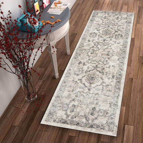 HomeRoots 8' Elegant Ivory and Gray Floral Medallion Area Rug - Durable, Low-Maintenance Design for Homes 7' Runner 353868