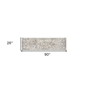 HomeRoots 8' Elegant Ivory and Gray Floral Medallion Area Rug - Durable, Low-Maintenance Design for Homes 7' Runner 353868