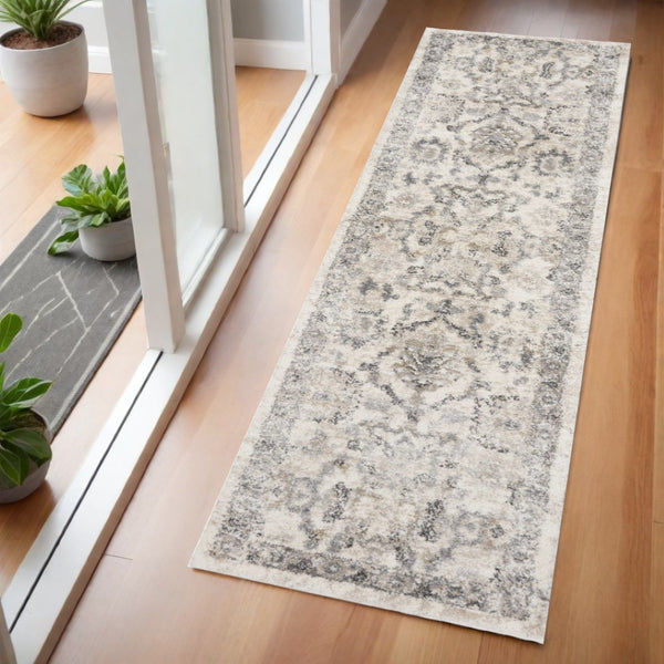 HomeRoots 8' Elegant Ivory and Gray Floral Medallion Area Rug - Durable, Low-Maintenance Design for Homes 7' Runner 353868
