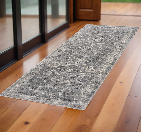Homeroots 7' Gray Floral Worn Faded Runner Rug  Polypropylene 353870