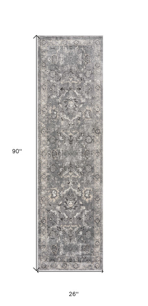 Homeroots 7' Gray Floral Worn Faded Runner Rug  Polypropylene 353870