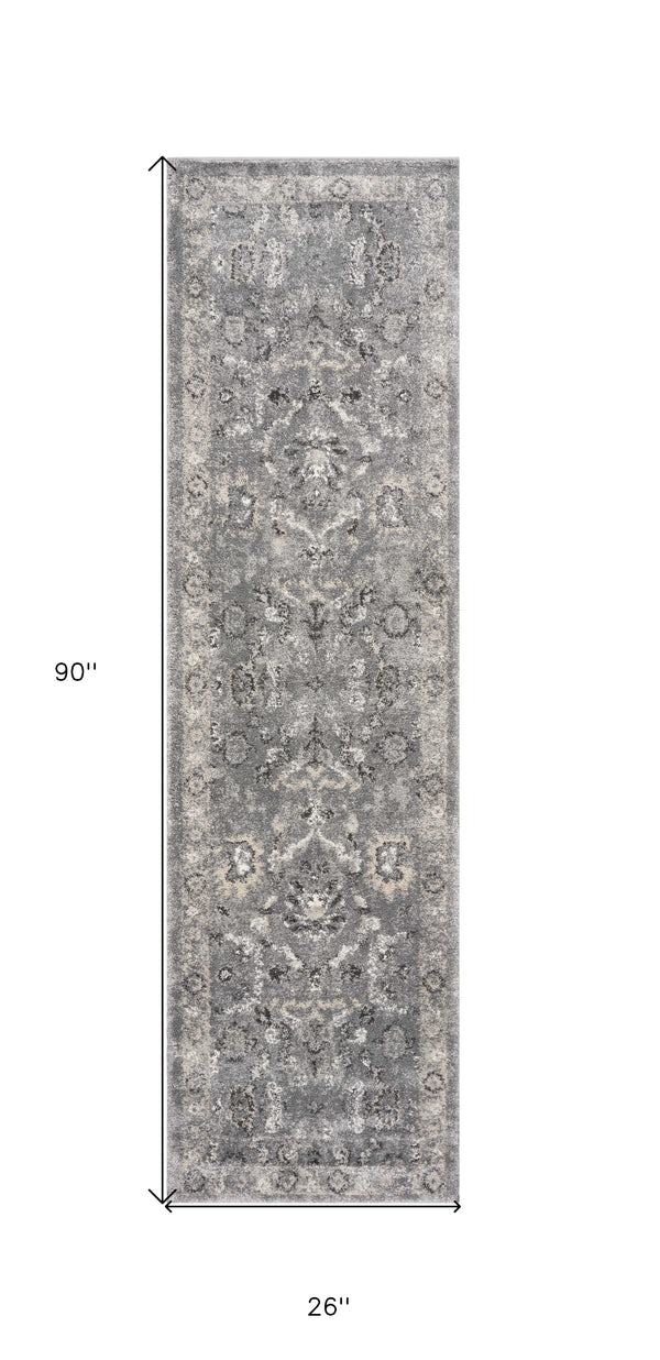 Homeroots 7' Gray Floral Worn Faded Runner Rug  Polypropylene 353870
