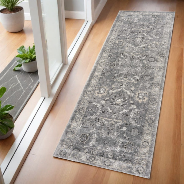 HomeRoots 9' Elegant Floral Medallion Area Rug in Gray Tones - Perfect for Living Rooms and Open Spaces 7' Runner 353870