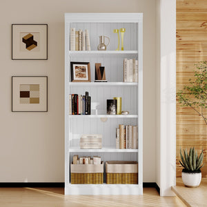 English Elm 83.4" 5-Tier Wood Bookcase White - Tall Modern Storage Shelf with Adjustable Shelves, Cable Hole, 55lb Capacity N751S191961K