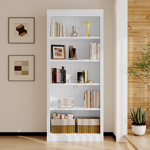 English Elm 83.4" 5-Tier Wood Bookcase White - Tall Modern Storage Shelf with Adjustable Shelves, Cable Hole, 55lb Capacity N751S191961K