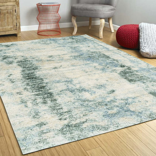 HomeRoots 8' Modern Ivory and Blue Abstract Area Rug - Durable, Stain-Resistant Design for Stylish Living Spaces 4' X 6' 353910